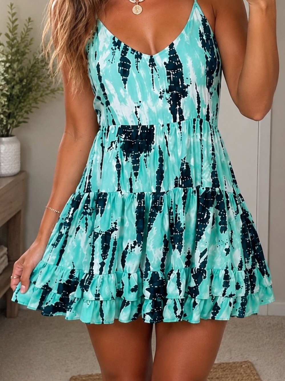 🛥️ Ocean Drive Aqua Tie-Dye Sundress | SIZE SMALL | Tiered Ruffle Mini